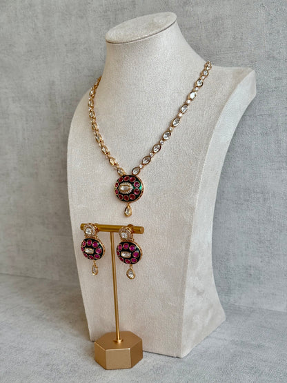 Ayura Designs Jiya Set with Earrings – Oval Motif, Pink & Green Meenakari with Crystal Detailing