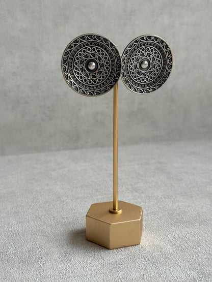 Ayura Designs Moksha Earrings – Oversized Oxidised Disc Stud Earrings with Intricate Cutwork Detailing