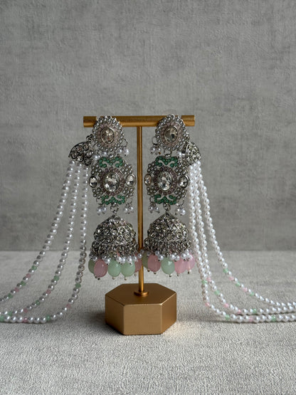 Ayura Designs Uzairah Set with Tikka & Sahare Jhumkis – Pastel Mint & Blush Beads with Pearl Strands & Mirror-Cut Detailing