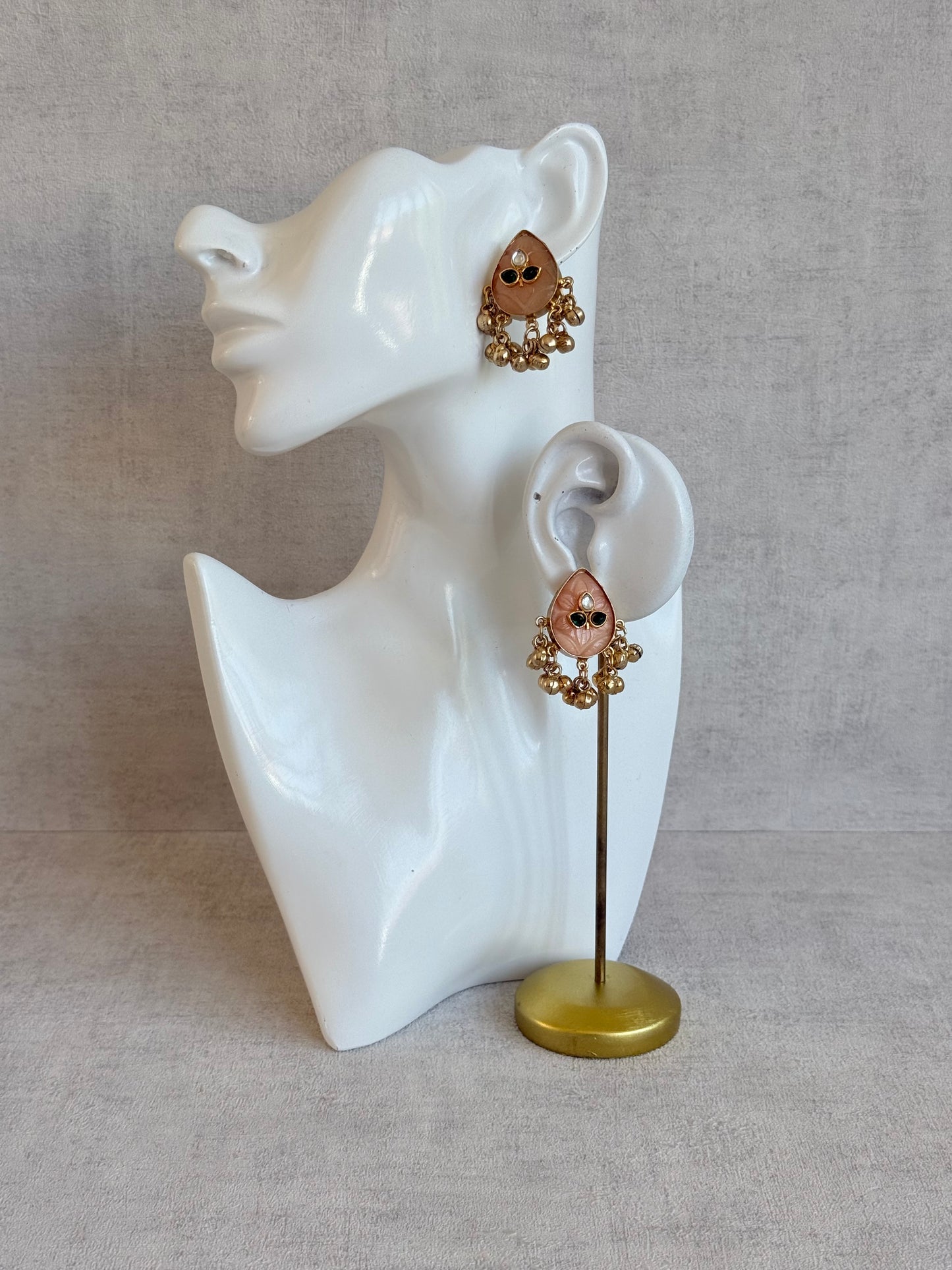 Ayura Designs Aykai Earrings – Champagne Peach Teardrop Stud Earrings with Clear Kundan Stones and Gold Ghungroo Drops