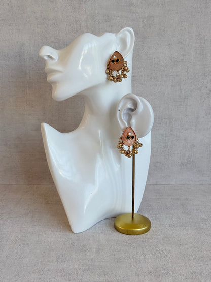 Ayura Designs Aykai Earrings – Champagne Peach Teardrop Stud Earrings with Clear Kundan Stones and Gold Ghungroo Drops