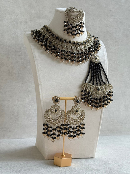 Ayura Designs Dilnaz Necklace Set with Earrings, Tikka & Passa – Black & Champagne Crystal Beads & Antique Gold Finish