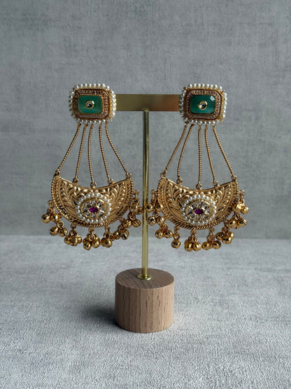 Ayura Designs Jheel Earrings – Pistachio Half-Moon Drops with Pearl Edging & Golden Ghungroos