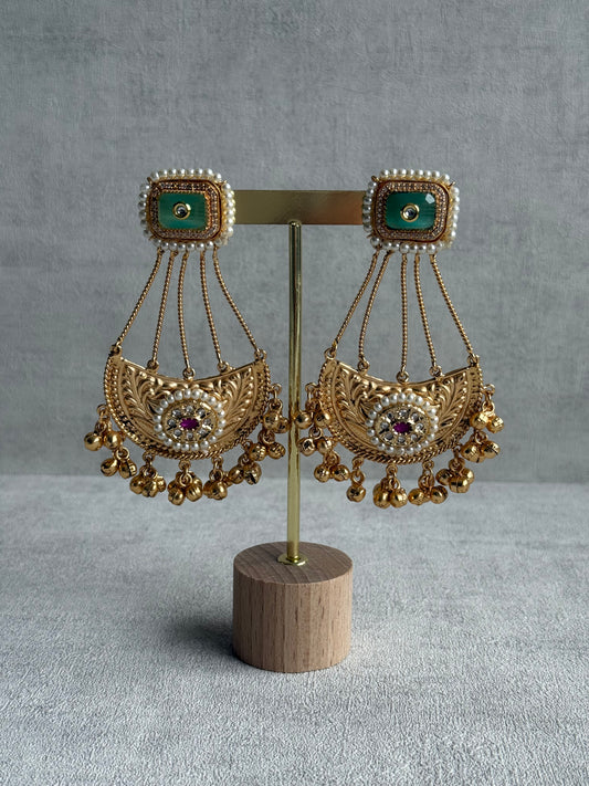 Ayura Designs Jheel Earrings – Pistachio Half-Moon Drops with Pearl Edging & Golden Ghungroos