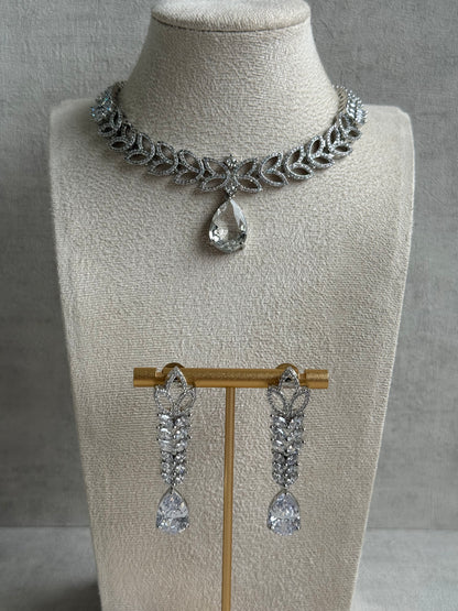 Ayura Designs Anastasia Set – Silver Necklace & Earrings with Teardrop Crystals & Leaf Motif Design