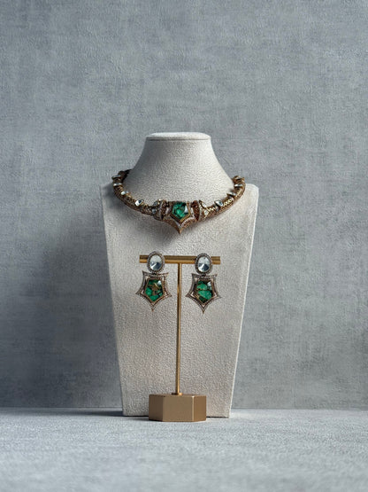 Ayura Designs Krupa Set – Necklace & Earrings with Green Stone featuring Natural Marbling, Mirror-Cut Kundan & Antique Gold Detailing