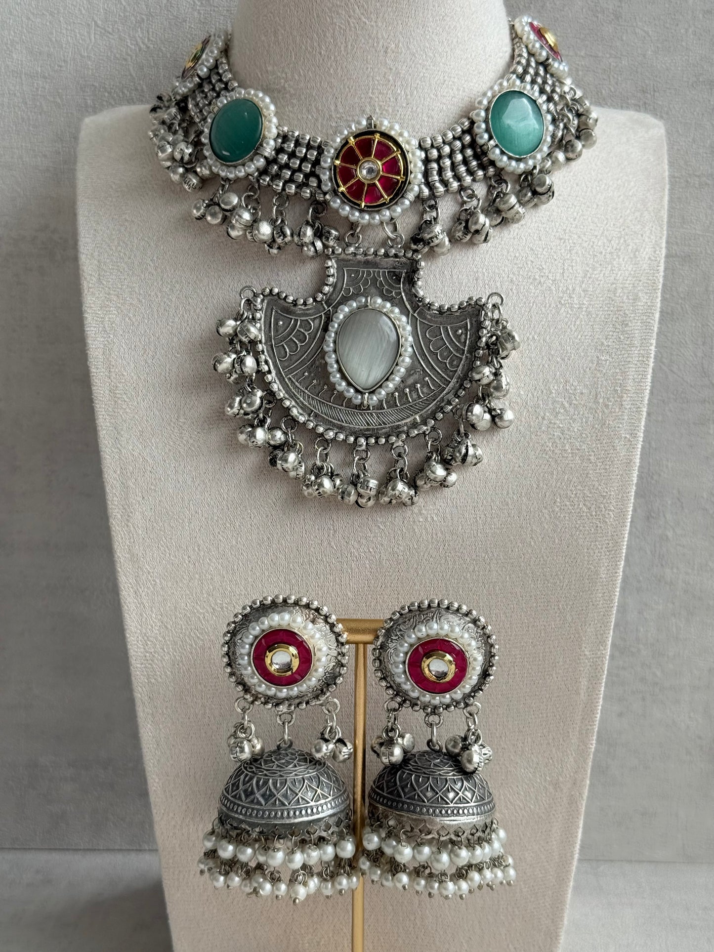 Ayura Designs Zareefa Necklace Set with Jhumkis – Oxidised Silver Pendant Necklace with Multicolour Stones, Pearl Detailing & Ghungroo Accents