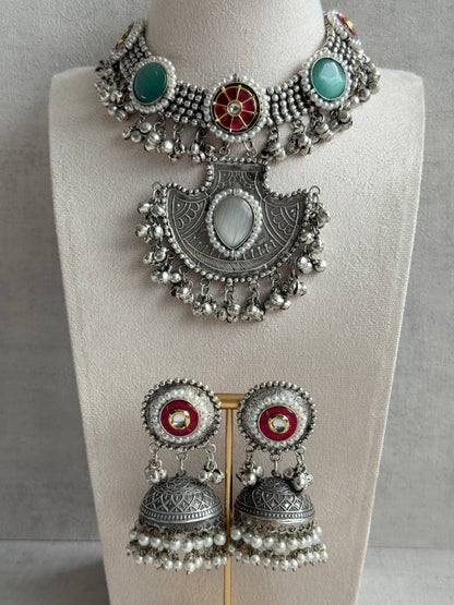 Ayura Designs Zareefa Necklace Set with Jhumkis – Oxidised Silver Pendant Necklace with Multicolour Stones, Pearl Detailing & Ghungroo Accents