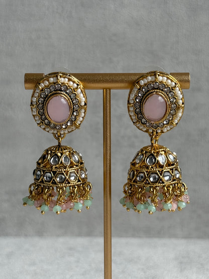 Ayura Designs Muskaan Set – Choker, Jhumkis & Tikka with Blush Pink & Mint Beads, Kundan Stones & Antique Gold Finish