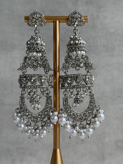 Ayura Designs Giselle Earrings – Silver Finish Chandbali Jhumkas with Mirror-Cut Stones & Pearl Drops