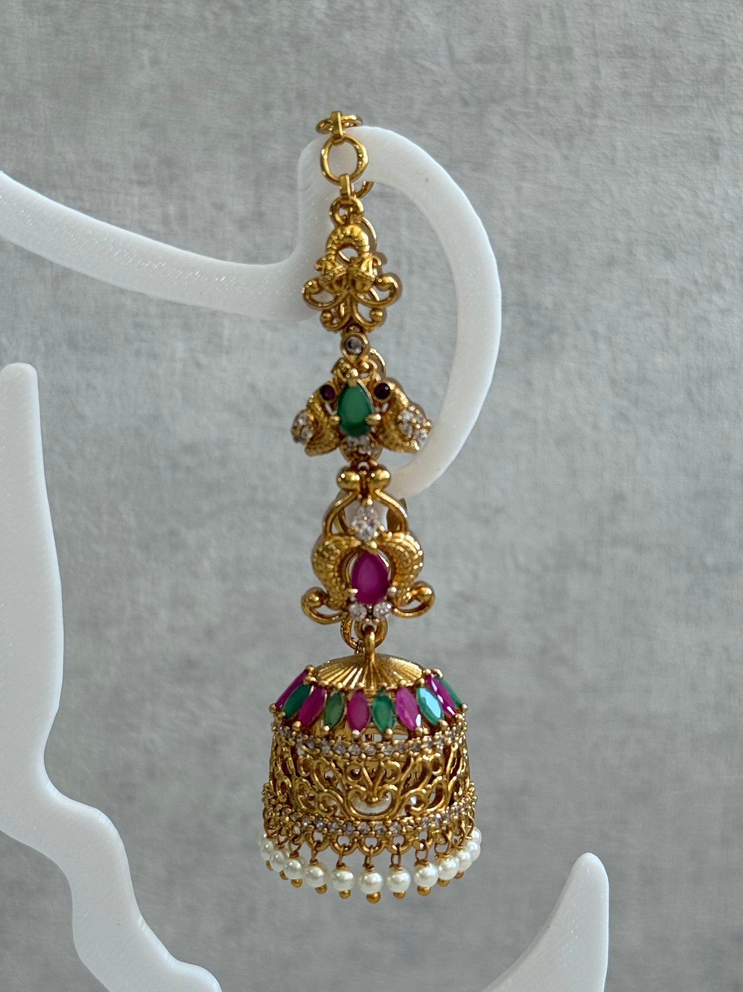Ayura Designs Alar Jhumkis – Ear Climber in Antique Gold with Emerald & Pink Stones and Pearl Drops