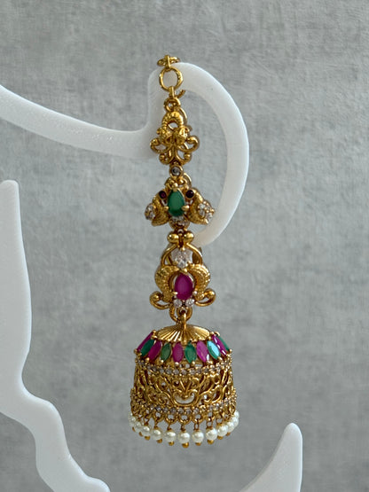 Ayura Designs Alar Jhumkis – Ear Climber in Antique Gold with Emerald & Pink Stones and Pearl Drops