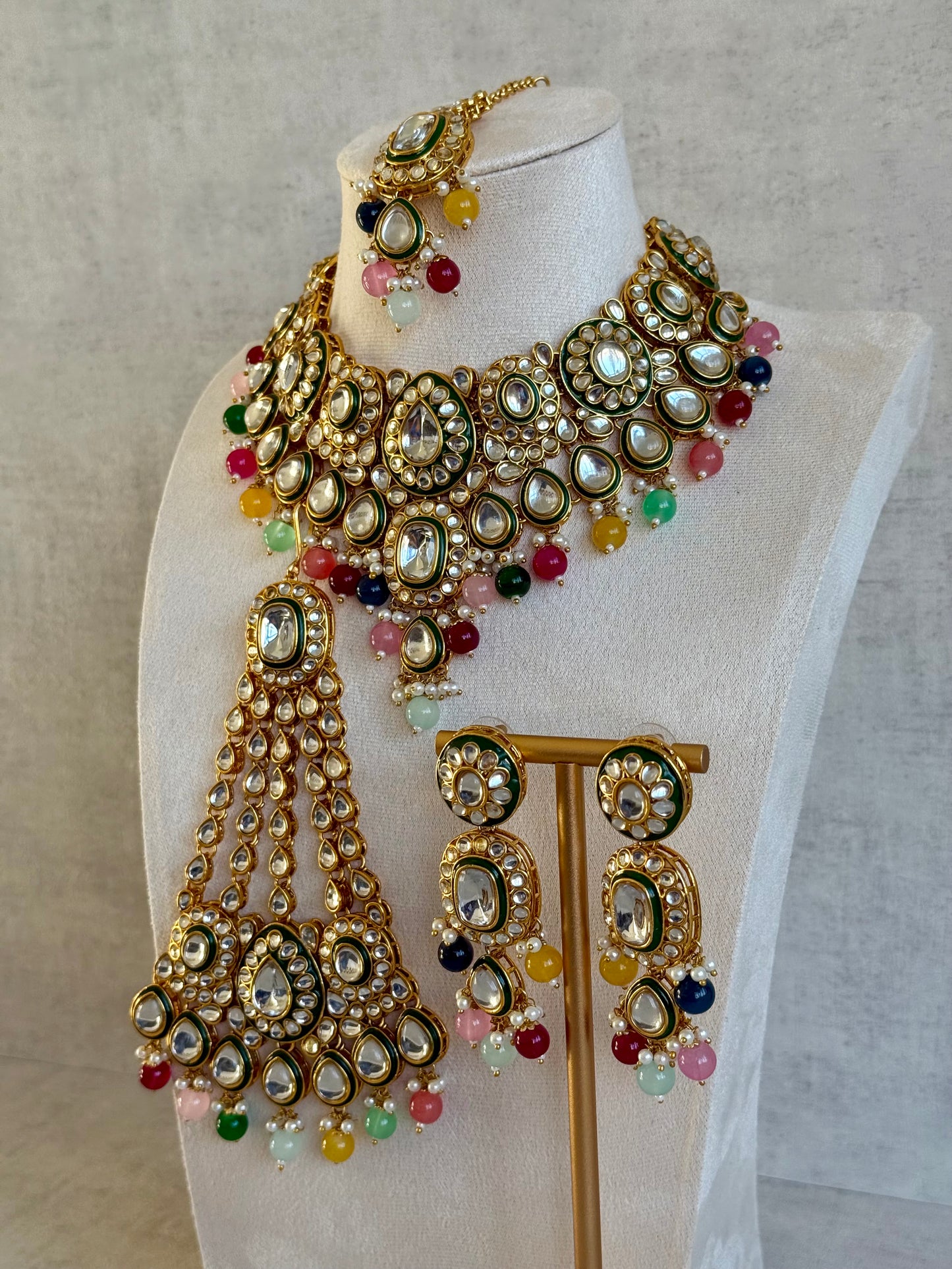 Ayura Designs Jashan Set with Necklace, Earrings, Tikka & Passa – Kundan Detailing, Pearl Drops & Multicolour Beads