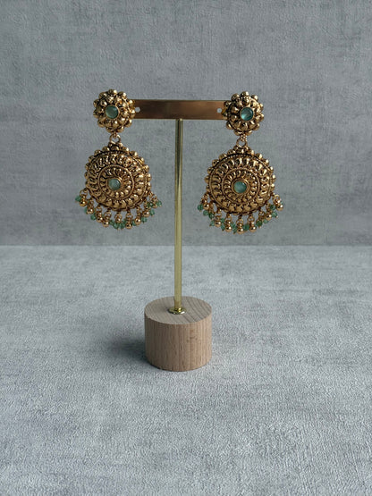 Ayura Designs Rummy Set – Statement Necklace, Earrings & Tikka with Pistachio Green Beads and Polished Gold Finish