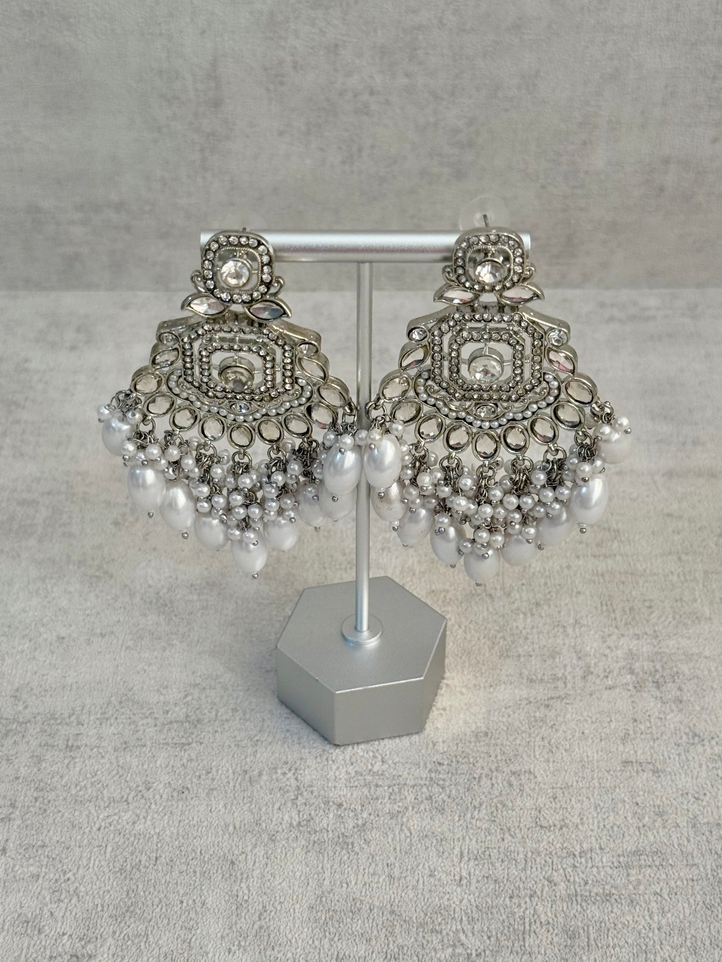 Ayura Designs Vinari Earrings – Silver Crystal Chandelier Earrings with Pearl Clusters