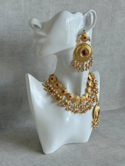 Ayura Designs Jyoti Set with Earrings & Tikka – Gold Disc Necklace with Ruby Pink & Pearl Detailing