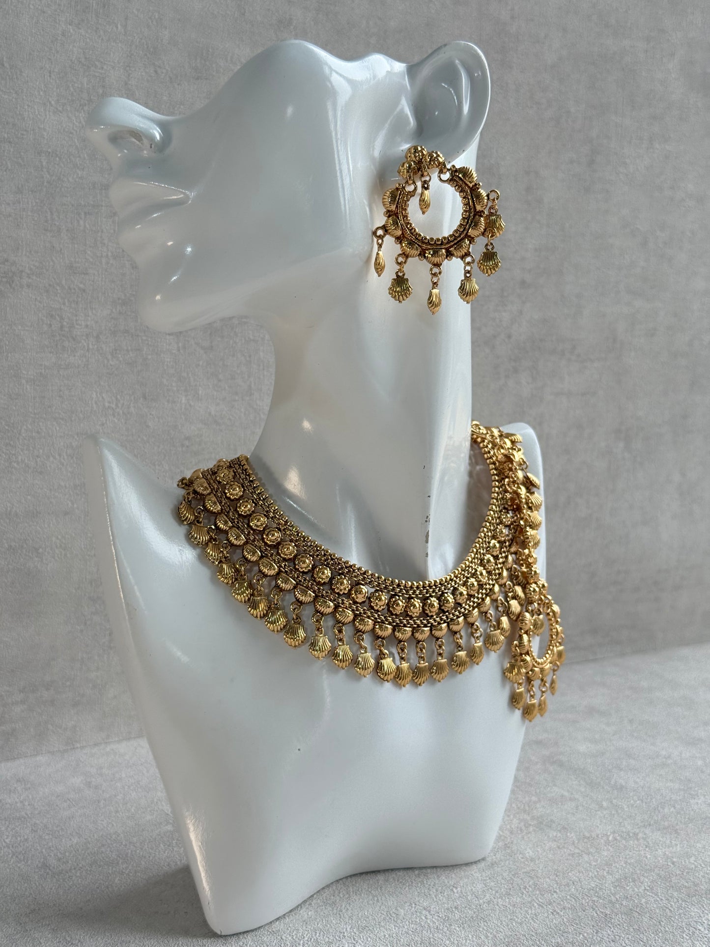 Ayura Designs Falaq Necklace Set with Earrings & Tikka – Gold Finish with Layered Chain, Floral & Shell Drop Detailing