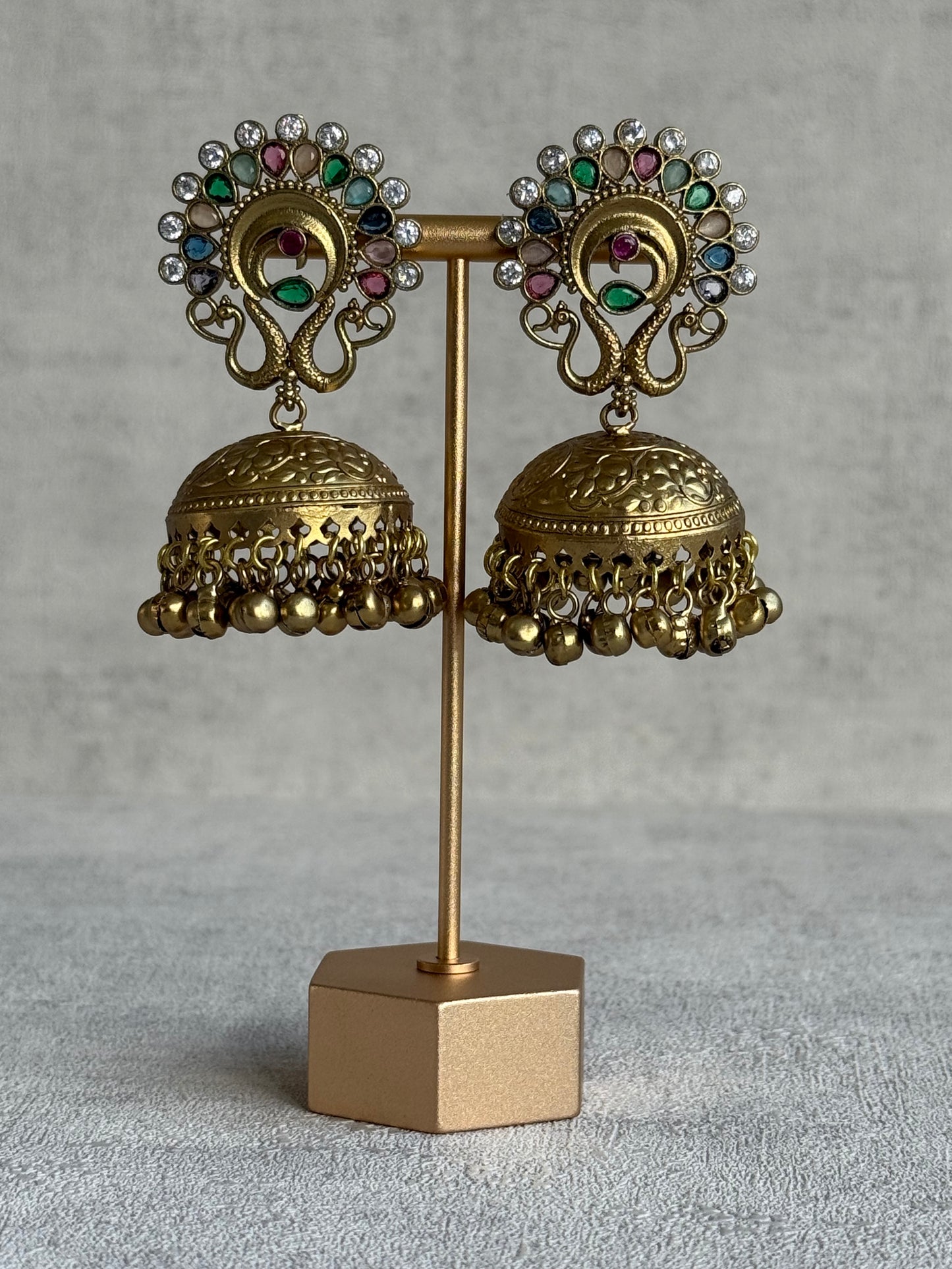 Ayura Designs Moraya Jhumkis – Multicolour Peacock Motif with Antique Gold Detailing