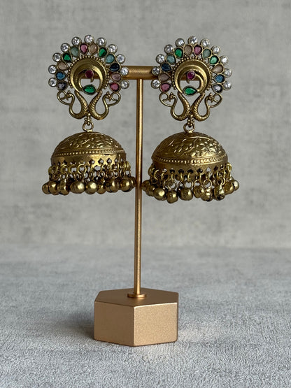 Ayura Designs Moraya Jhumkis – Multicolour Peacock Motif with Antique Gold Detailing