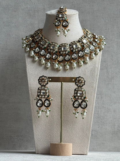 Ayura Designs Salma Set – Necklace, Earrings & Tikka with Mirror-Cut Kundan, Ivory Pearls, Emerald Green Meenakari & Gold Finish