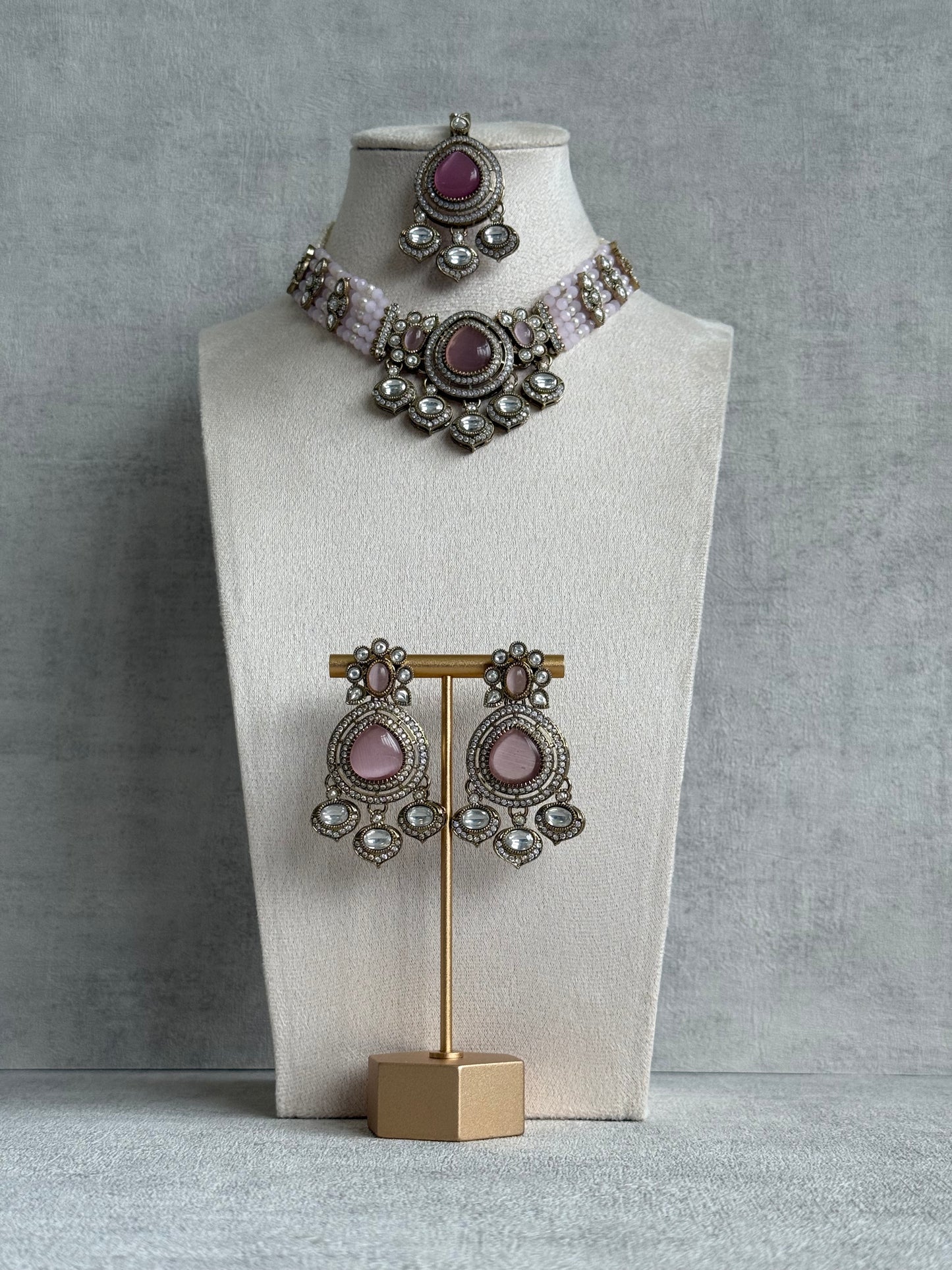 Ayura Designs Rahi Necklace Set with Earrings & Tikka – Blush Pink Stones with Mirror-Cut Detailing & Pearl Strands