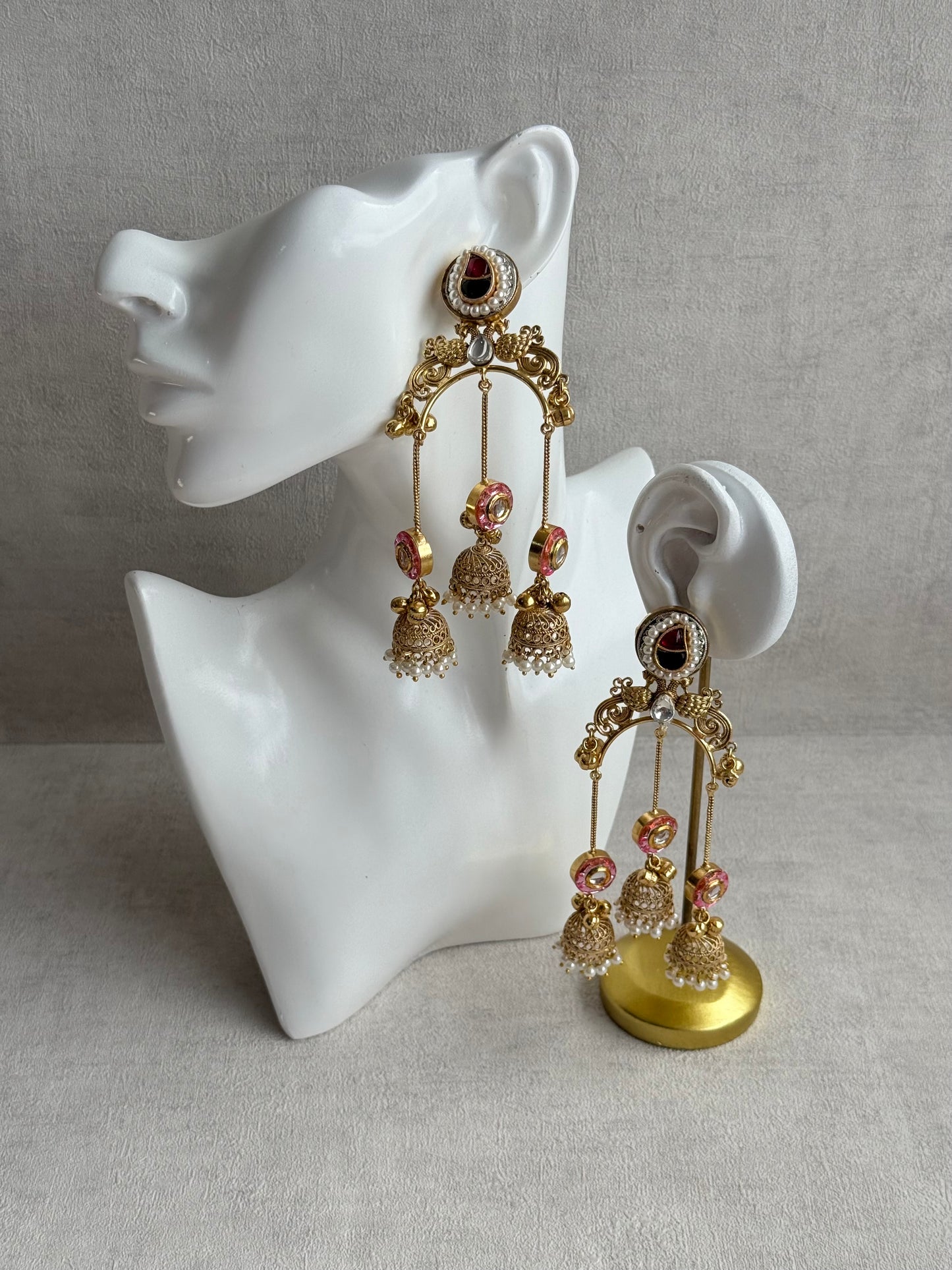 Ayura Designs Arzina Earrings – Triple Jhumki Earrings with Blush Pink Stones, Pearl Borders & Gold Detailing