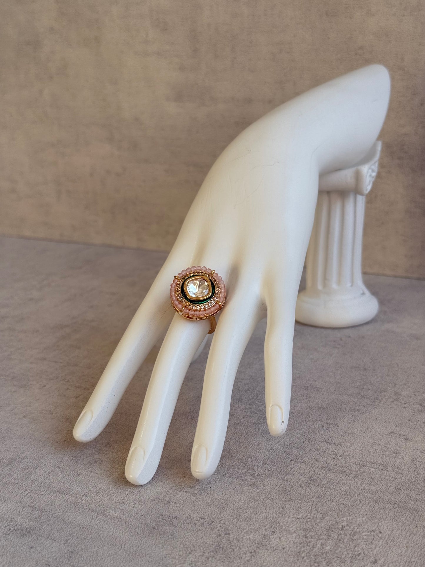 Ayura Designs Roselle Adjustable Ring – Moissanite Centre with Crystal Border & Blush Pink Beads