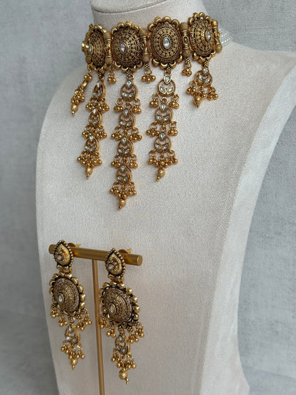 Ayura Designs Kabini Choker Set with Earrings – Gold Kundan Waterfall Choker with Ivory Pearls