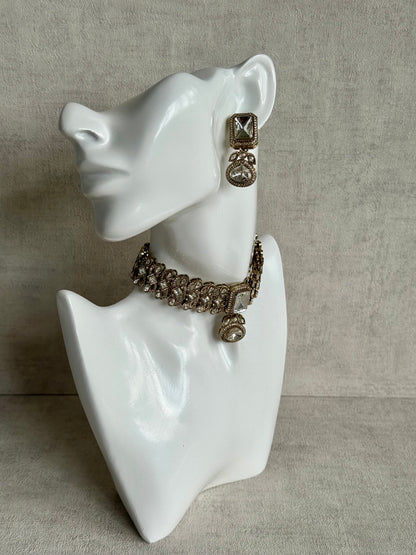 Ayura Designs Ella Choker Set with Tikka & Earrings – Antique Gold with Mirror-Cut Stones