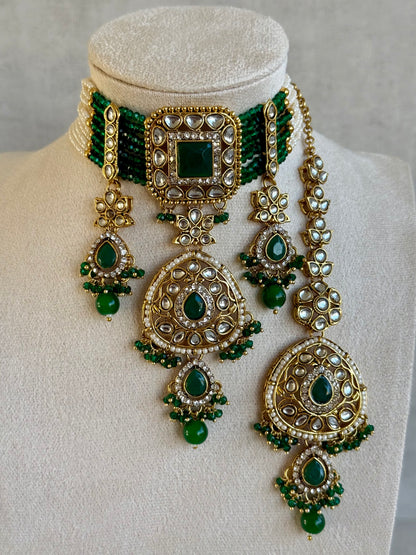 Ayura Designs Zarmeen Choker Set with Earrings & Tikka – Mirror-Cut Stones, Antique Gold Finish and Emerald Green Beads
