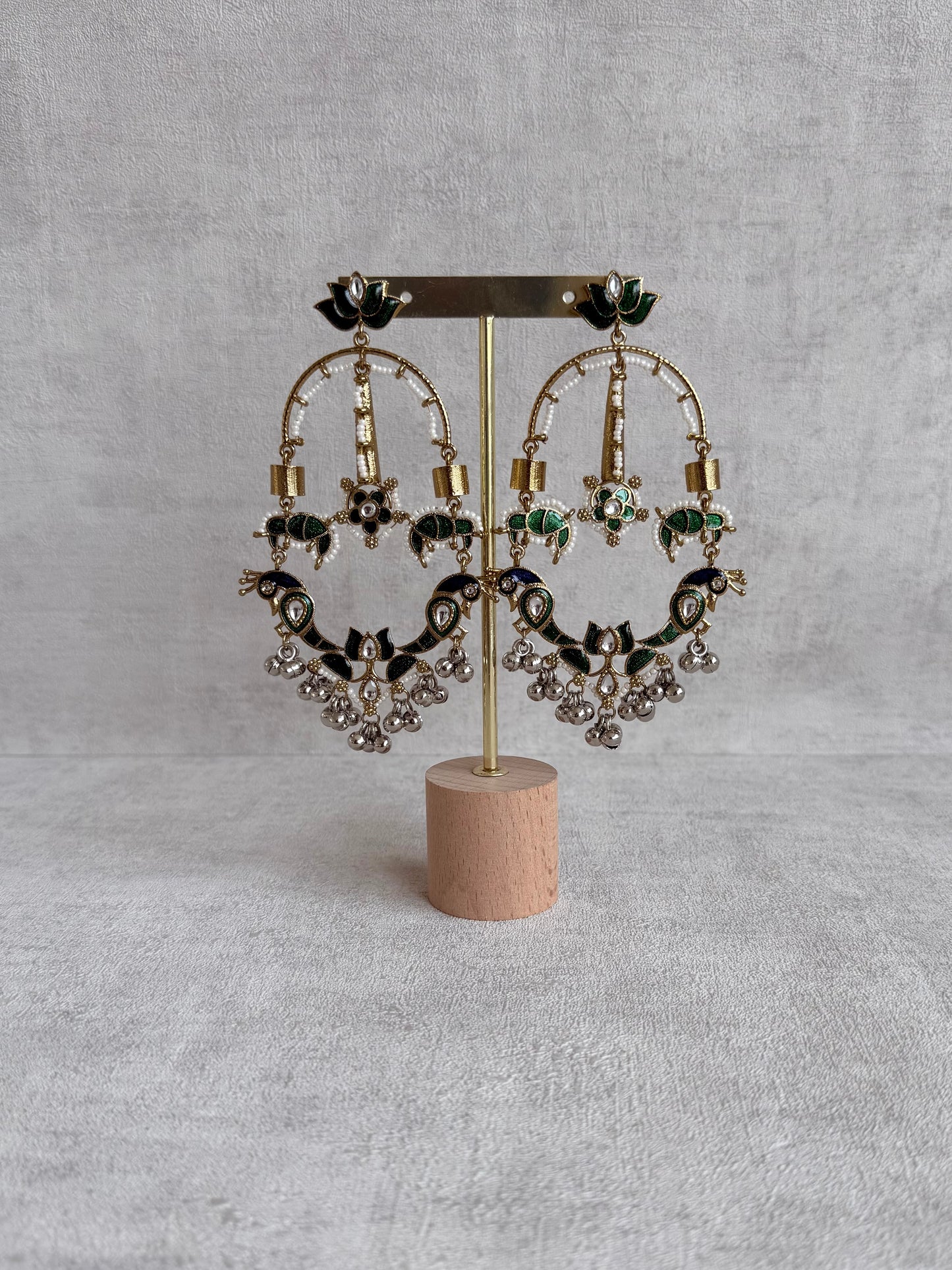 Ayura Designs Zoonpari Earrings – Emerald Green & Blue Meenakari Peacock Chandeliers in Dual Tone with Ghungroos