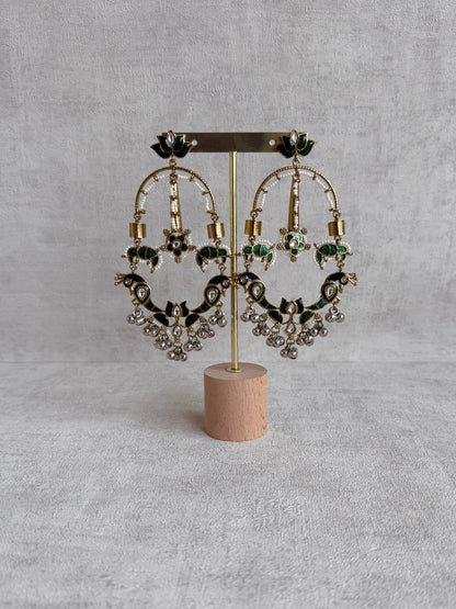 Ayura Designs Zoonpari Earrings – Emerald Green & Blue Meenakari Peacock Chandeliers in Dual Tone with Ghungroos
