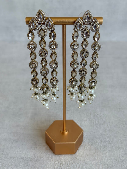 Ayura Designs Emilia Earrings – Gold Triple Strand Statement Earrings with Crystal Stones & Pearl Drops