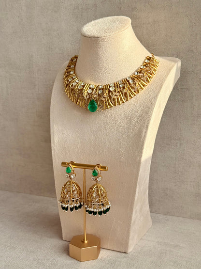 Ayura Designs Rami Collar Set with Jhumkis – Sculpted Gold Collar with Emerald Green Stone and Crystal Detailing