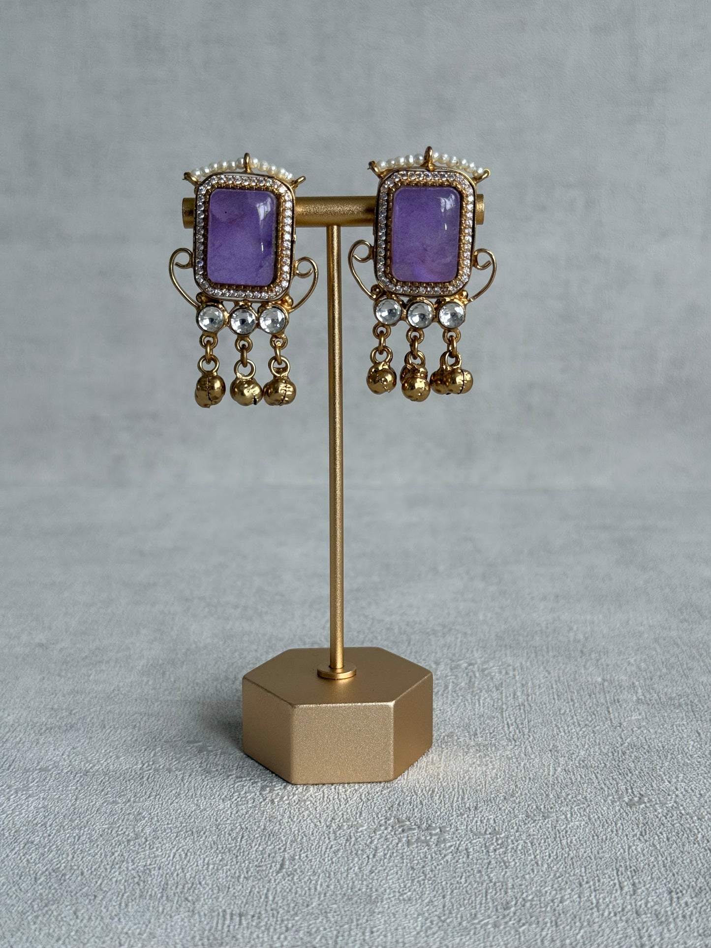 Ayura Designs Aleena Earrings – Lilac Stone Stud Earrings with Pearls & Ghungroo Detailing