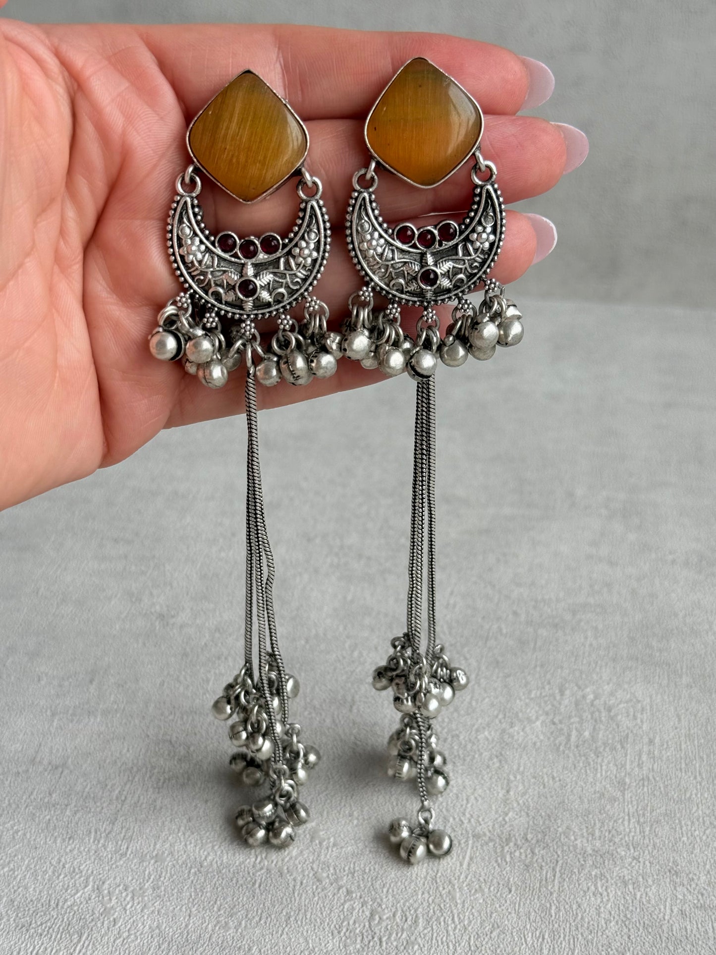 Ayura Designs Zarfa Earrings – Oxidised Earrings with Amber Stones, Hanging Ghungroo Chains & Crescent Detailing