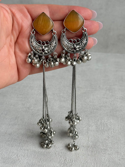 Ayura Designs Zarfa Earrings – Oxidised Earrings with Amber Stones, Hanging Ghungroo Chains & Crescent Detailing