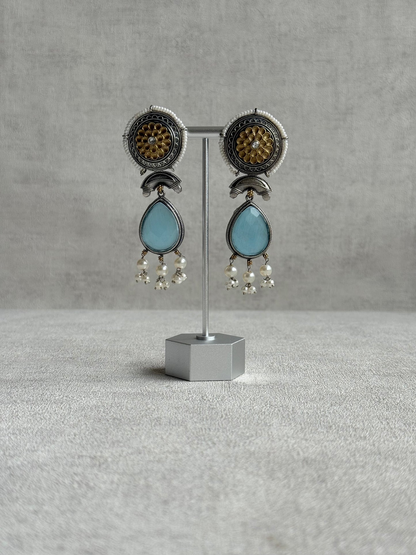 Ayura Designs Nazm Earrings – Dual Tone Oxidised Statement Earrings with Aqua Blue Stones & Pearl Clusters