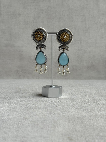 Ayura Designs Nazm Earrings – Dual Tone Oxidised Statement Earrings with Aqua Blue Stones & Pearl Clusters