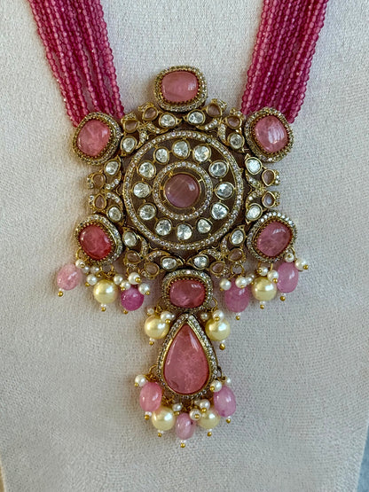 Ayura Designs Julia Set – Kundan Necklace & Earrings with Rose Pink Stones, Pearls & Crystal Detailing