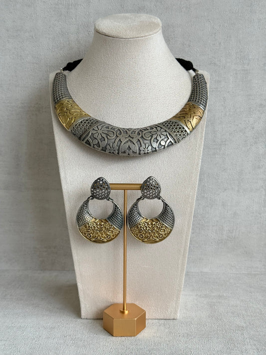 Ayura Designs Raahil Necklace Set with Earrings – Dual Tone Oxidised Statement Necklace with Floral Engraving & Cutwork Detailing