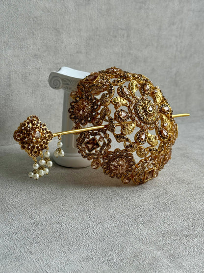 Ayura Designs Lotus Hair Bun Cover – Antique Gold with Champagne Stones & Floral Detailing