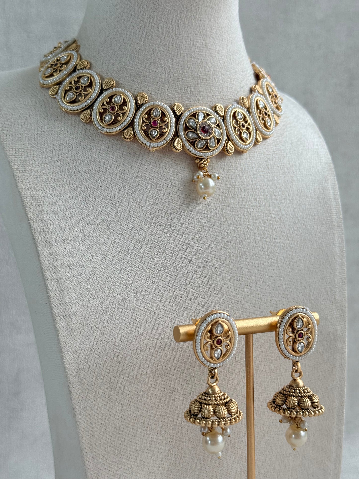 Ayura Designs Laina Necklace Set with Jhumkis – Kundan & Rani Pink Stones, Pearls & Antique Gold Finish