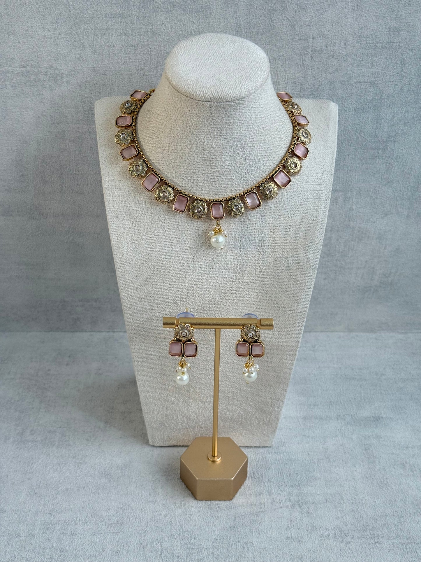 Ayura Designs Padma Necklace Set with Earrings – Blush Pink Stones with Pearl Drop Detailing
