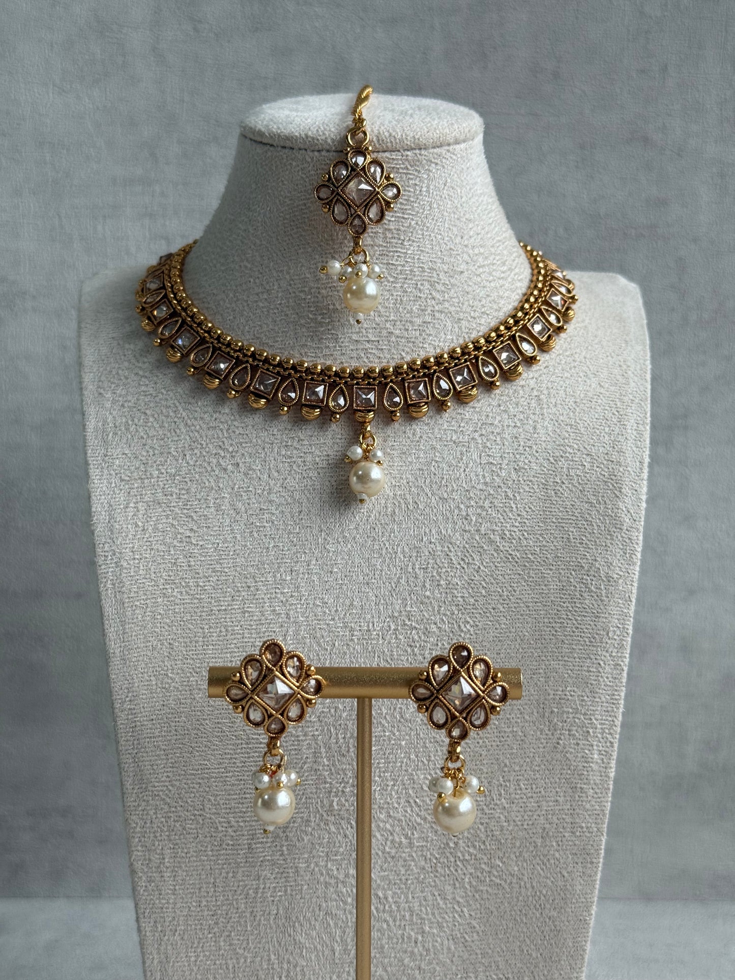 Ayura Designs Hima Set – Necklace, Earrings & Tikka with Mirror-Cut Stones, Pearl Drops & Polished Gold Finish