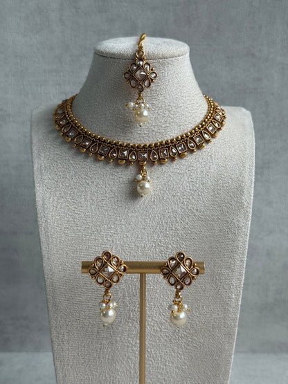 Ayura Designs Hima Set – Necklace, Earrings & Tikka with Mirror-Cut Stones, Pearl Drops & Polished Gold Finish