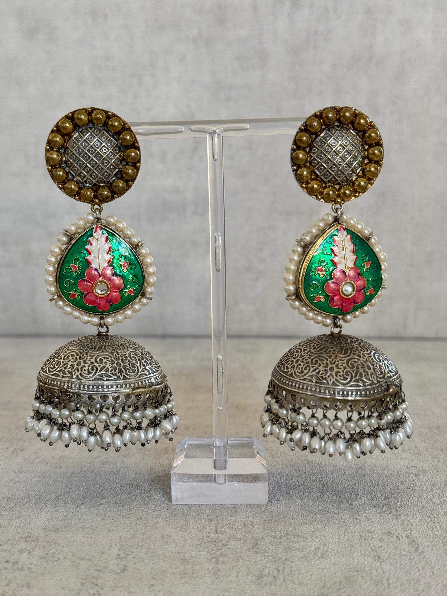 Ayura Designs Mirha Earrings – Handcrafted Meenakari & Pearl Jhumkas with Intricate Silver Filigree Detailing