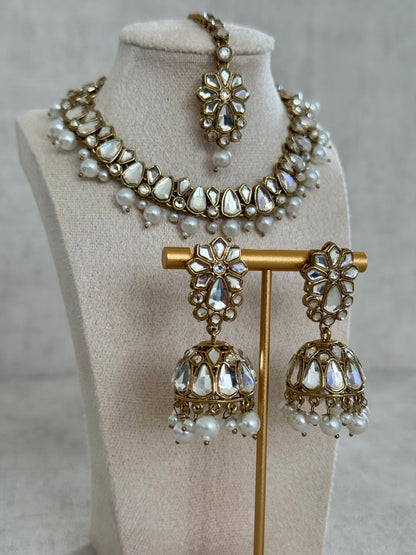 Ayura Designs Mahi Set with Jhumkis & Tikka – A Radiant Ensemble of Kundan, Lustrous Pearls & Mirror Work