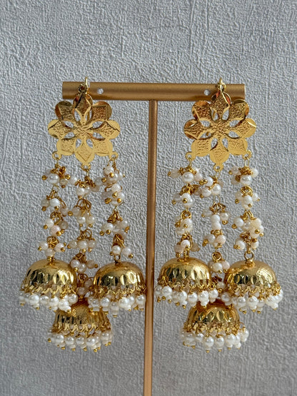 Ayura Designs Sassi Earrings – Pippal Patti Triple Jhumki Earrings with Pearl Cluster Detailing