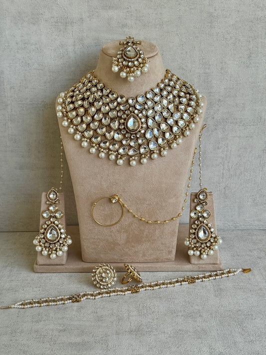 Ayura Designs Shehzadiya Bridal Set with Necklace, Jhumkis, Tikka, Nath, Ring & Sheeshphool – Mirror-Cut Stones, Pearl Detailing & Antique Gold Finish
